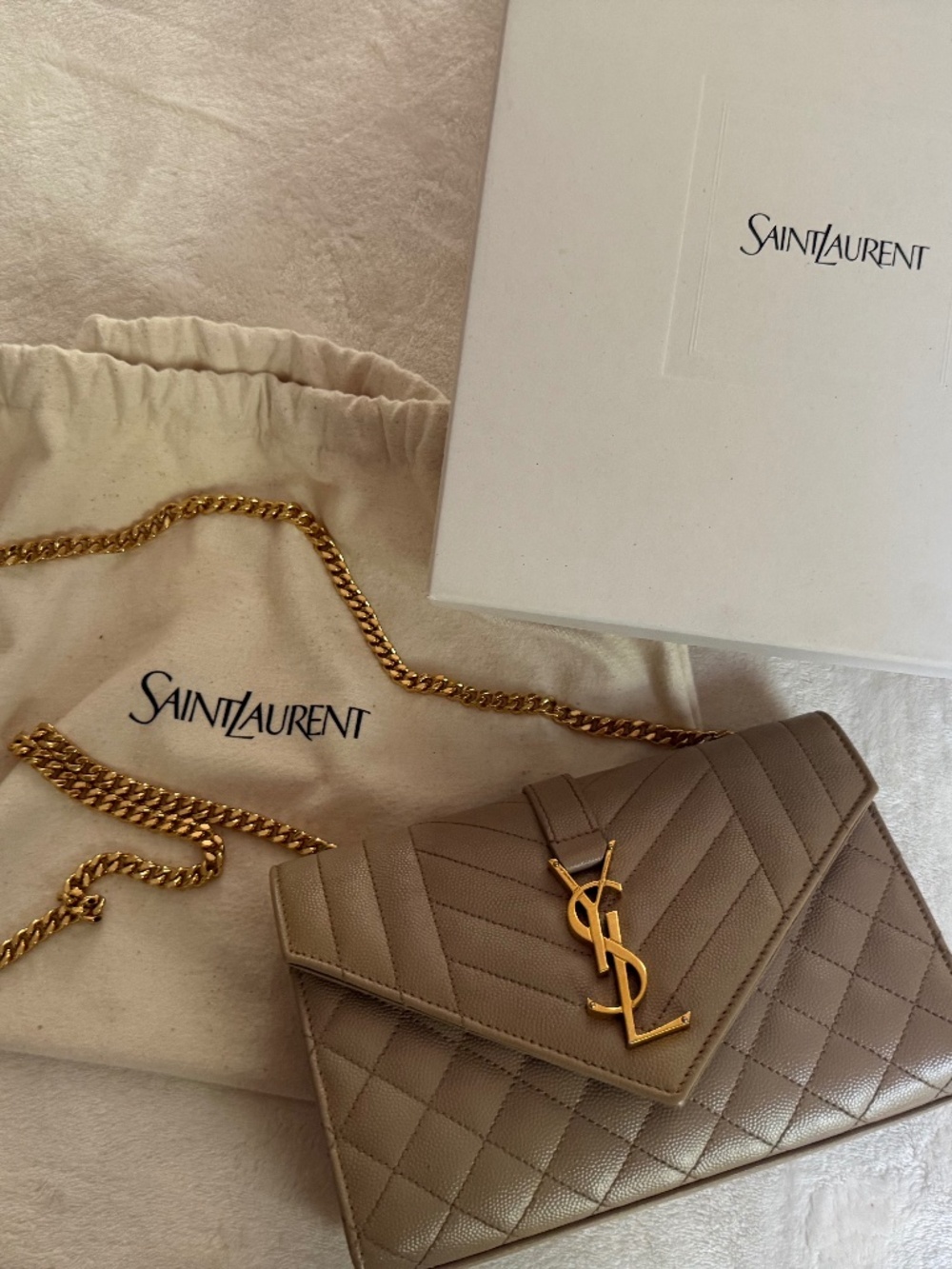 YSL Saint Laurent monogram envelope small flap bag in beige grained leather
